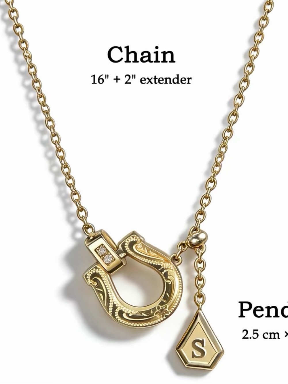 Gold Horseshoe Drop Necklace with S charm - Women Jewelry